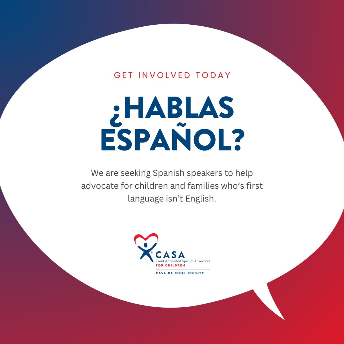 📢 CASA is seeking Spanish-speaking individuals to join our Advocate team! 📢

To learn more about our programs, visit our website at: casacookcounty.org

#CASAofCookCounty #advocacy #SpanishSpeakers