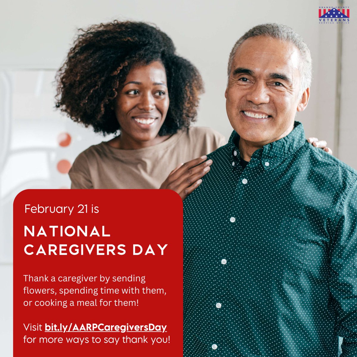 February 21 is National Caregivers Day!

Caregivers provide essential support to Veterans every day. Show your appreciation by:
💌 Sending a card
💐 Gifting flowers
🍽 Cooking a homemade meal

🔗 Find more ways to say thanks at bit.ly/AARPCaregivers…