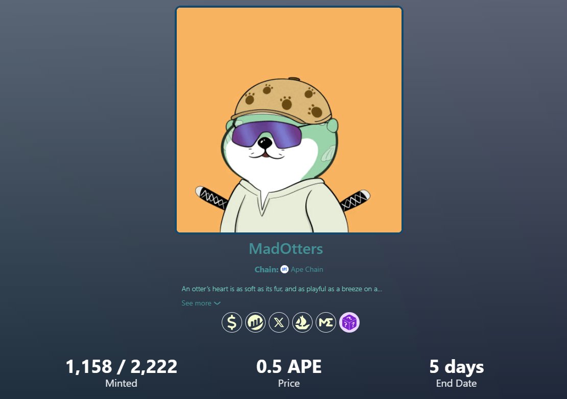 madottersape's tweet photo. Mint is now Live #ApeChain 

https://t.co/hJW1KdFWZB

Show me your Otters

#NFTs #NFTCollection #NFTCommmunity https://t.co/tKH09wFRAU