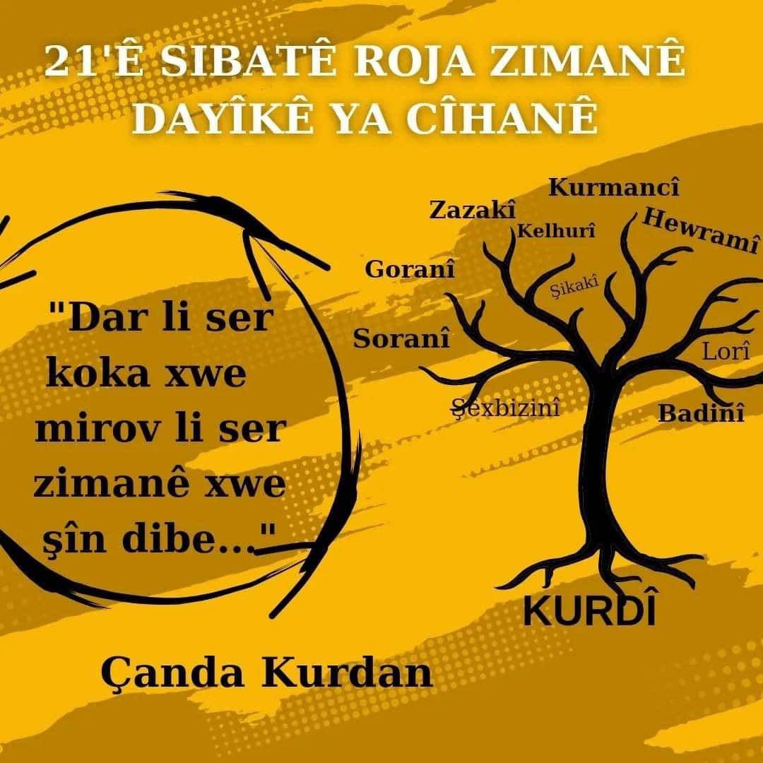 Hiç bir siyasal amaç, hiç bir ideolojik eylem,
hiç bir lider ya da parti tehdit altında ki bir dili 
savunmak kadar değerli değildir.

'Zimanê me hebuna meye 
Zimanê me çanda meye 
Em xwedî derkevin li zimanê xwu! 
Cejna ziman pîroz be!  
Dilimiz varlığımızdır.  
Dilimiz
