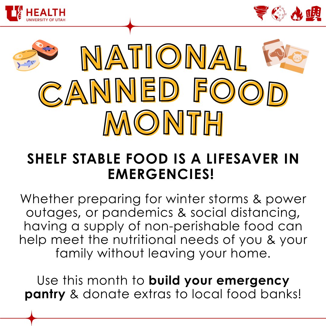 uofuceph's tweet photo. February is National Canned Food Month, &amp; we’ve got something exciting coming your way - BUILD YOUR 10-DAY EMERGENCY PANTRY - A shopping list &amp; sample menu to feed a family of 4 for 10 days for $10 a day, stay tuned 🥫🫘 #uofuceph #rmhpceph #emergencypublichealth #emergencypantry https://t.co/vVYpYM8Q4y