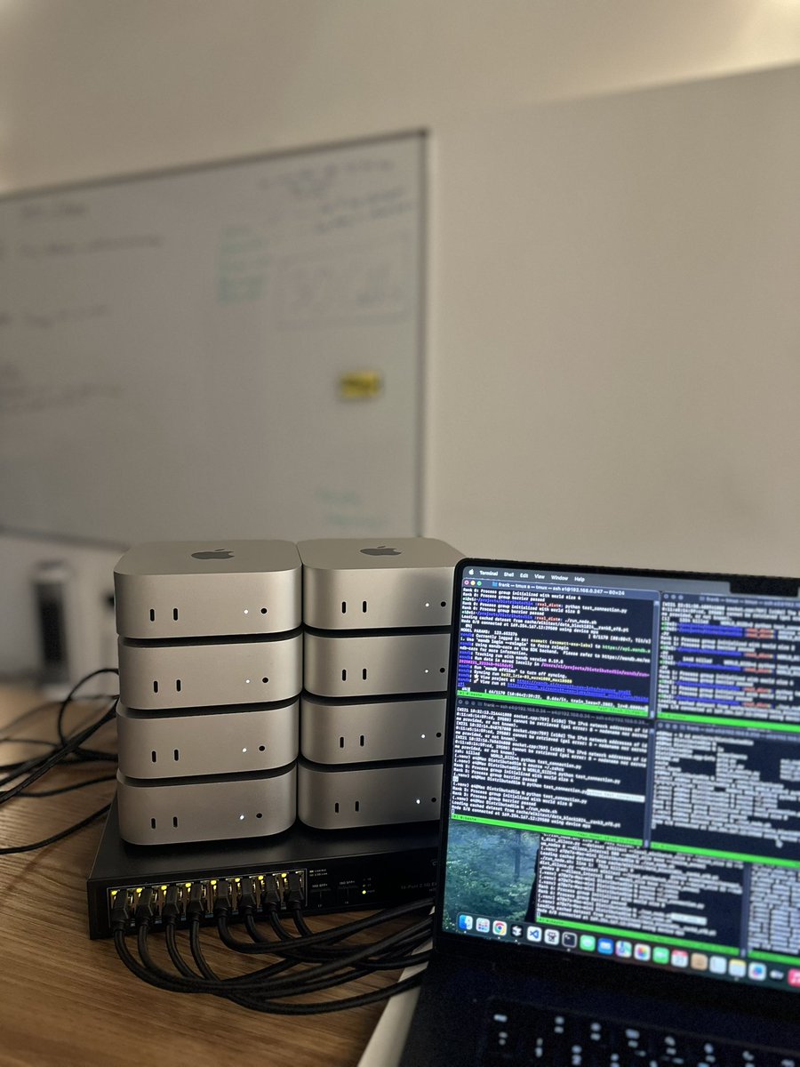 MattBeton's tweet image. Training an LLM on 8 M4 Mac Minis
Ethernet interconnect between Macs is 100x slower than NVLink so Macs can’t synchronise model gradients every training step.
I got DiLoCo running so Macs synchronise once every 1000 training steps using 1000x less communication than DDP