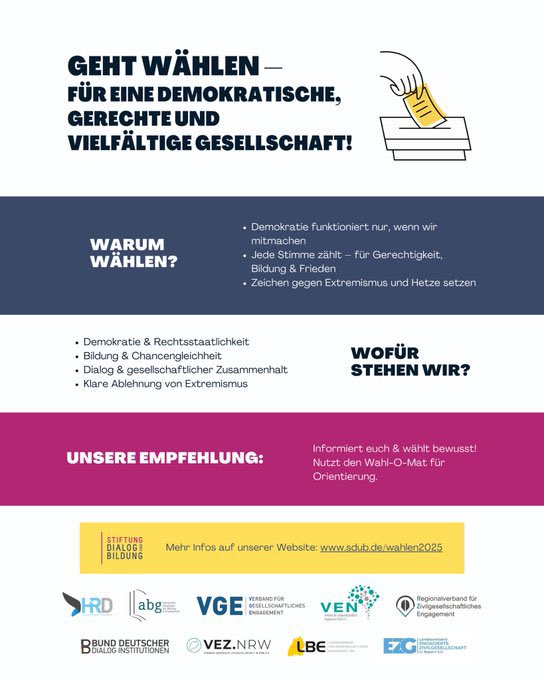 Wählen ist Mitgestalten! Deine Stimme entscheidet über Bildung, Frieden &amp; soziale Gerechtigkeit. Lass nicht andere für dich bestimmen – informiere dich &amp; wähle bewusst! 

#DeineStimmeZählt #DemokratieVerteidigen 

vge-ev.de/bundestagswahl…