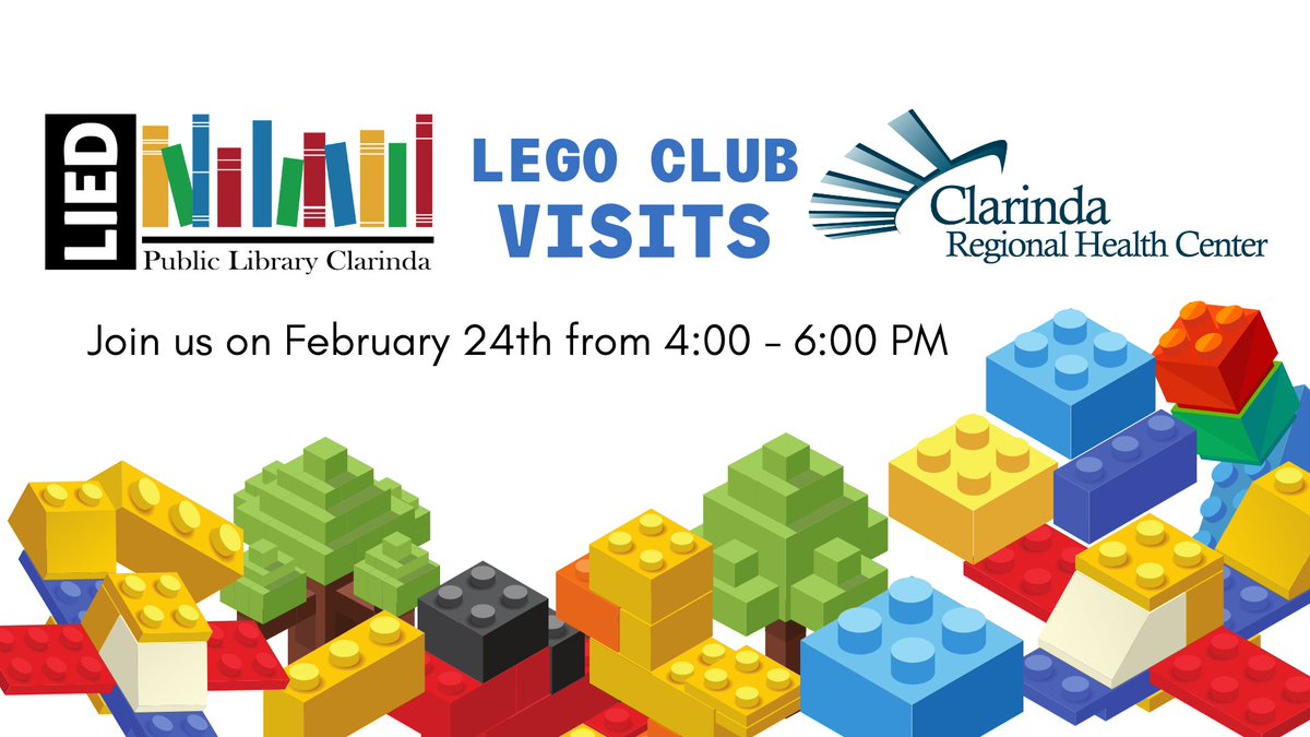 ClarindaHealth's tweet image. Our amazing local Library in Clarinda has a LEGO Club that visits CRHC, bringing creativity and fun to our Transitional Care patients. Their next visit is Monday, Feb 24th from 4-6pm.  No age limit! Come build with us. 🧱💙 #CRHC #TransitionalCare #LEGOClub