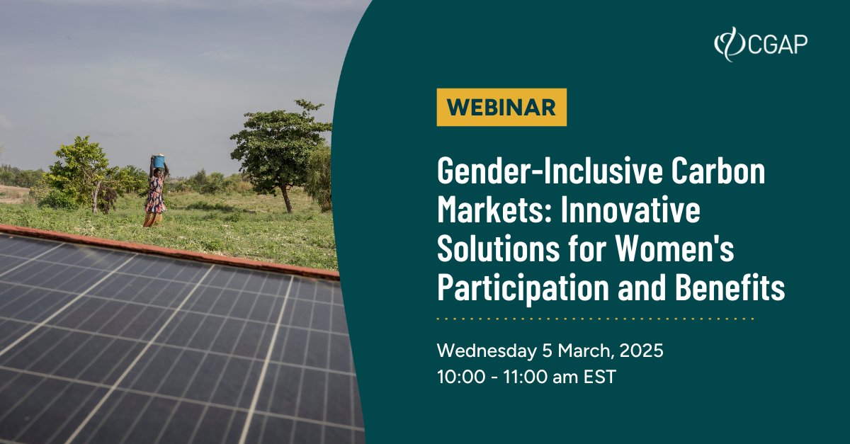 CGAP (@cgap) on Twitter photo Join CGAP and leading practitioners from <a href="/vnvadvisory/">Value Network Ventures</a> @WOCANupdates & <a href="/Climate_Focus_/">Climate Focus</a> on March 5 to hear how financial services and standardized approaches to measuring gender outcomes can create more inclusive carbon projects.
Learn more & register: cgap.pub/3DaOzC8 Join CGAP and leading practitioners from <a href="/vnvadvisory/">Value Network Ventures</a> @WOCANupdates & <a href="/Climate_Focus_/">Climate Focus</a> on March 5 to hear how financial services and standardized approaches to measuring gender outcomes can create more inclusive carbon projects.
Learn more & register: cgap.pub/3DaOzC8