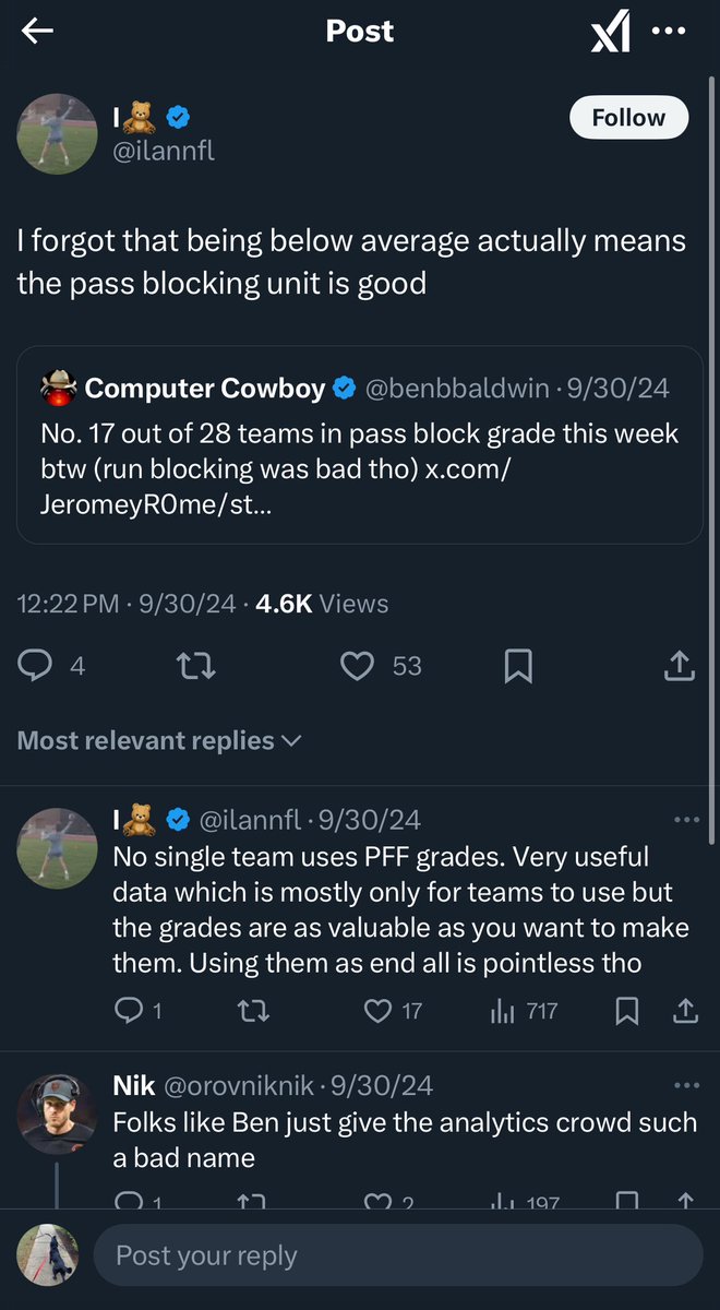 natescottt_'s tweet photo. @ilannfl @PolesIsHim @ilannfl didn’t you try and dunk on Ben Baldwin on this exact stance? Hilarious switch up. https://t.co/qpobc84A7O