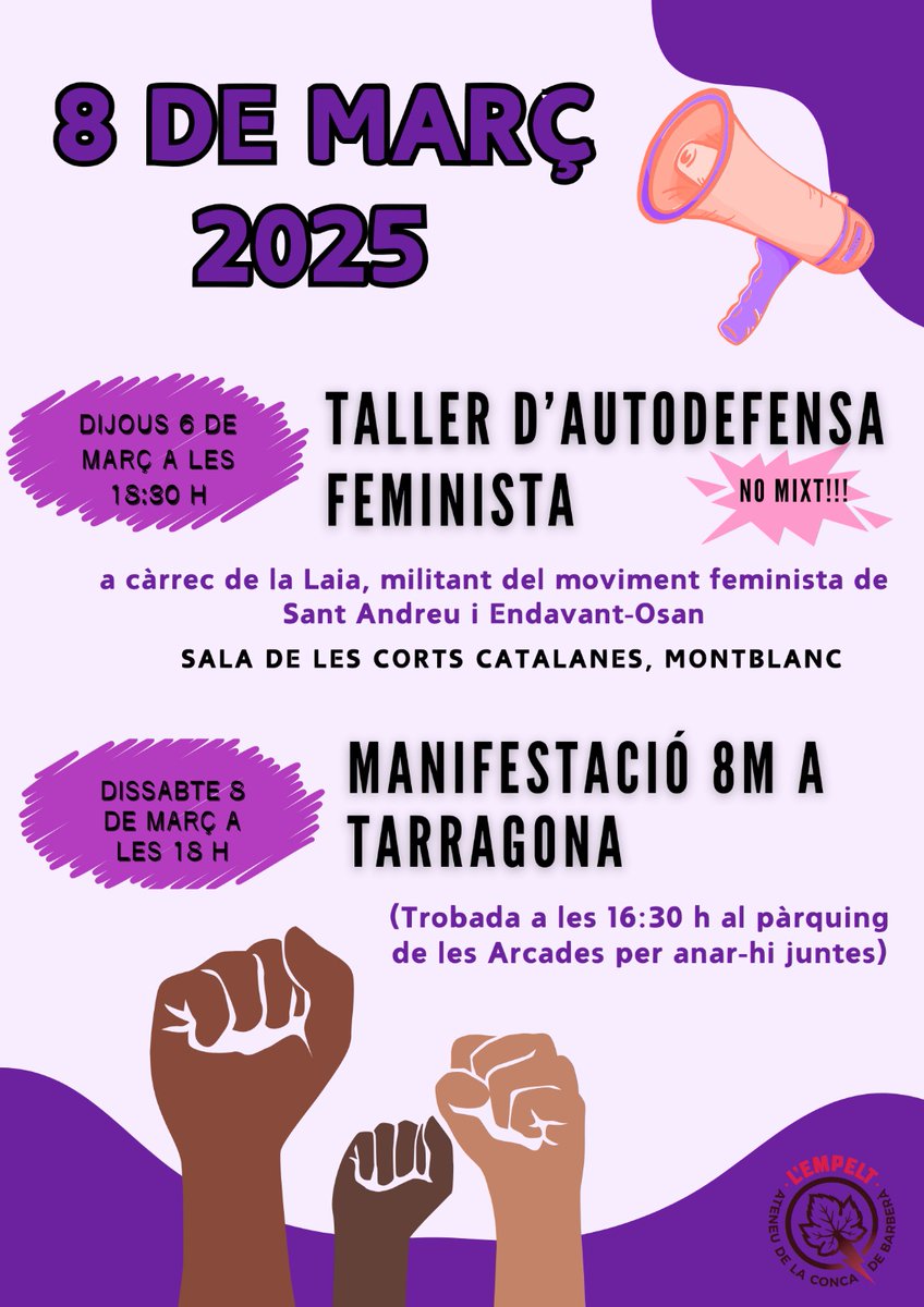 📣📣📣💜💜💜
Reivindiquem el Dia de les dones treballadores 8M amb TALLER d'AUTODEFENSA FEMINISTA (per a dones, persones trans i gènere fluïd) el dia 6. No cal inscripció prèvia.
✊🏼 Dissabte 8 de març ANEM JUNTES A LA MANI A TGN
Trobada a les 16.30h a les arcades de Montblanc.