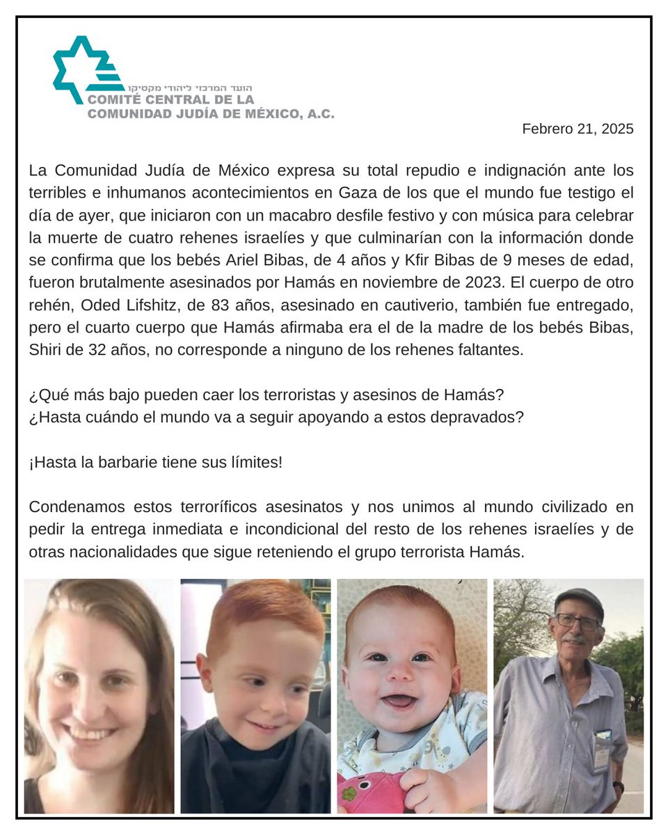 La Comunidad Judía de México expresa su total repudio e indignación ante los acontecimientos de los que el mundo fue testigo el día de ayer