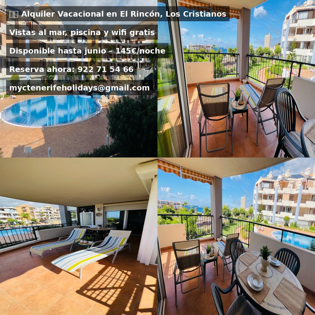🌴✨ Alquiler Vacacional en El Rincón, Los Cristianos
Este exclusivo apartamento de 90 m² te espera en El Rincón, uno de los complejos más prestigiosos de Los Cristianos
✨ Disponible hasta junio – 145€/noche

✅ 
📞 922 071546 | 📧 myctenerifeholidays@gmail.