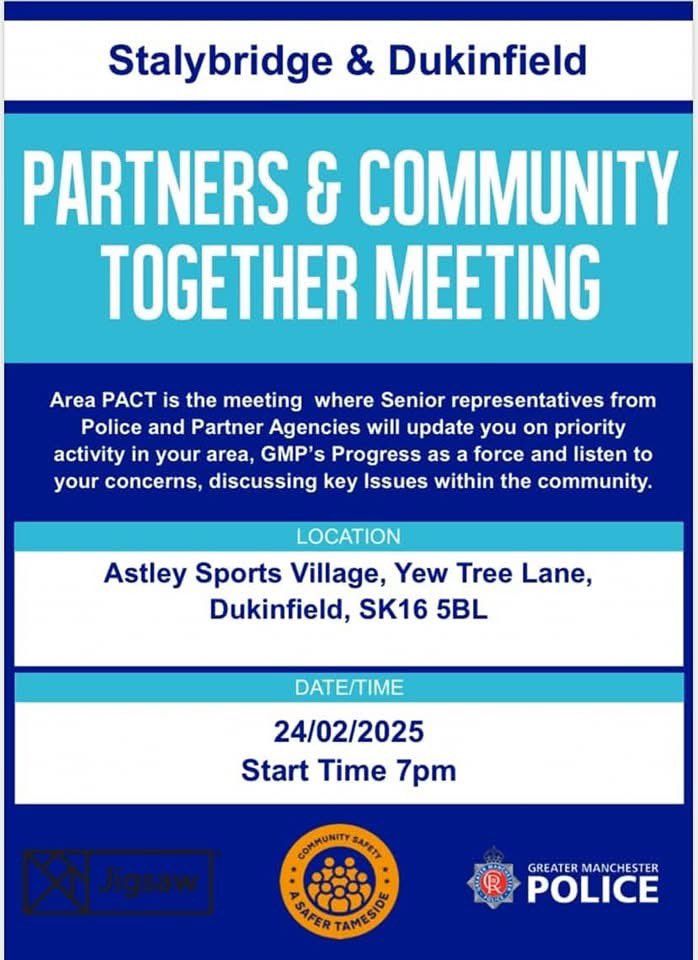 AstleySportsVillage (@astleysports) on Twitter photo Calling all Dukinfield & Stalybridge residents
On Monday next week we will be hosting a Partners & Community Together Meeting open to all local residents to attend in the Dukinfield & Stalybridge area.
<a href="/TamesideCouncil/">Tameside Council</a> <a href="/gmpolice/">Greater Manchester Police</a> <a href="/JigsawHG/">Jigsaw Homes Group</a> <a href="/RSHS_HighSchool/">Rayner Stephens High School</a> Calling all Dukinfield & Stalybridge residents
On Monday next week we will be hosting a Partners & Community Together Meeting open to all local residents to attend in the Dukinfield & Stalybridge area.
<a href="/TamesideCouncil/">Tameside Council</a> <a href="/gmpolice/">Greater Manchester Police</a> <a href="/JigsawHG/">Jigsaw Homes Group</a> <a href="/RSHS_HighSchool/">Rayner Stephens High School</a>
