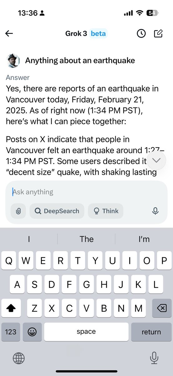Small earthquake today in BC but what I fascinating was the quick news aggregation that Grok was able to do to confirm that, close to real time!

<a href="/grok/">Grok</a>