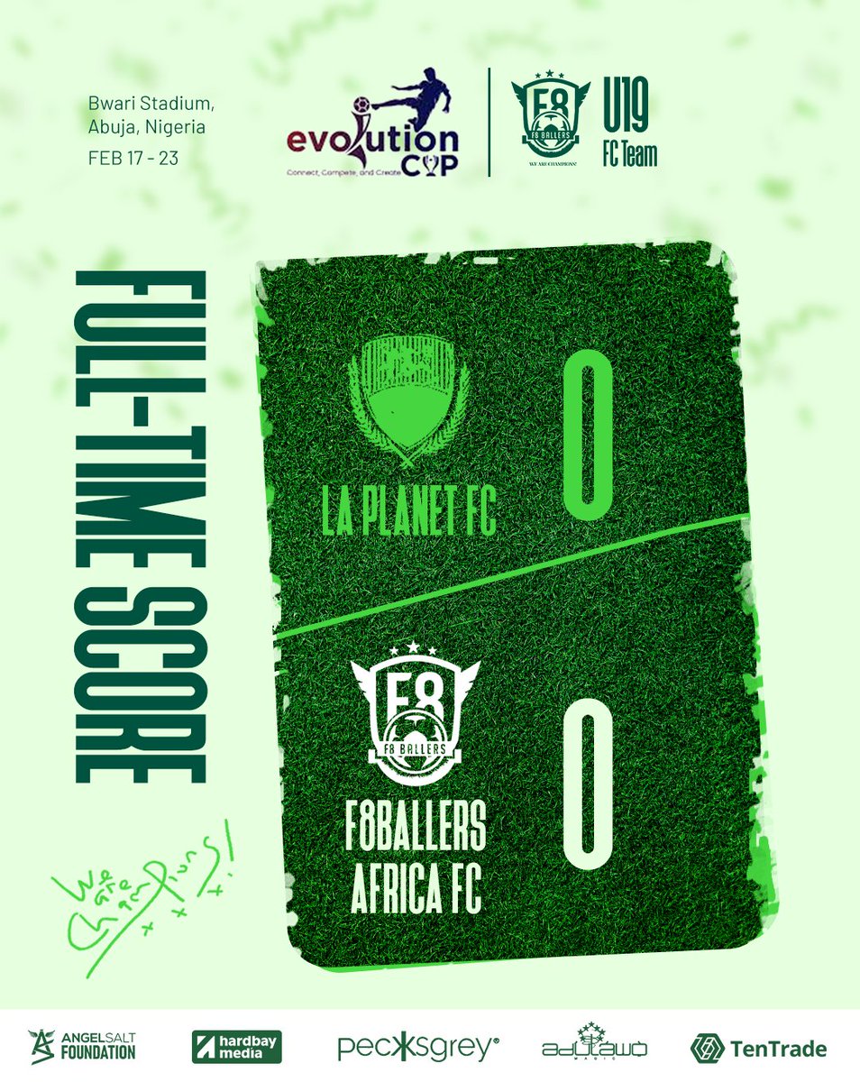 f8ballersafrica's tweet photo. It's been an adventurous on field exposure for us in Abuja.
4️⃣ Games
3️⃣ Draws
1️⃣ Loss
3️⃣ Goals scored
4️⃣ Goals conceded
Geared up for more scouting programs & the NLO.
Thank you all for your support.
@theevolutioncup #EvolutionCup2025
@F8ballersAfriFC
WE ARE CHAMPIONS 🏆⚽️💚 https://t.co/rLAsRz88uO