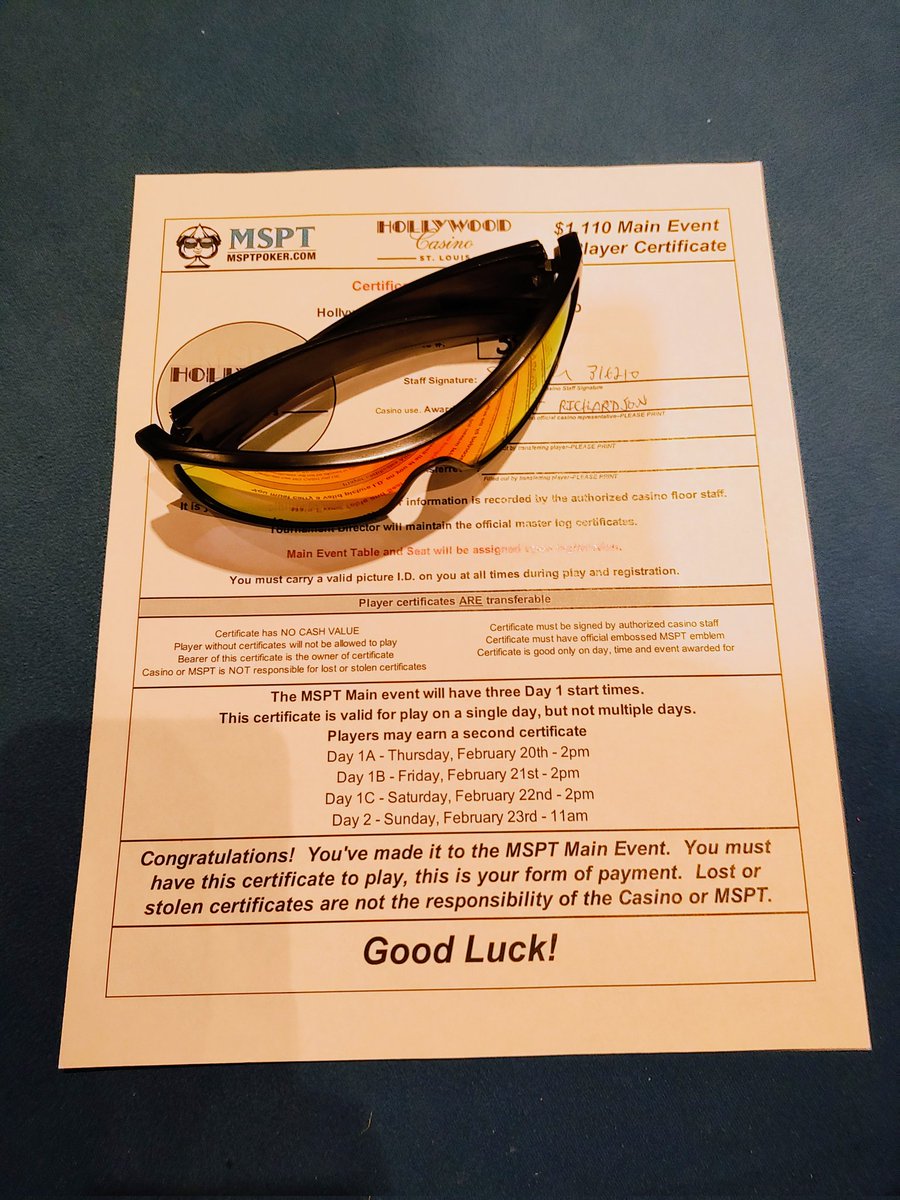 Won a $1,100 MSPT Main Event seat in a $265 satellite. My day 1 will be Sat at Hollywood STL! I don't wear 🕶️ when I play 😂 just accidentally wore them in.