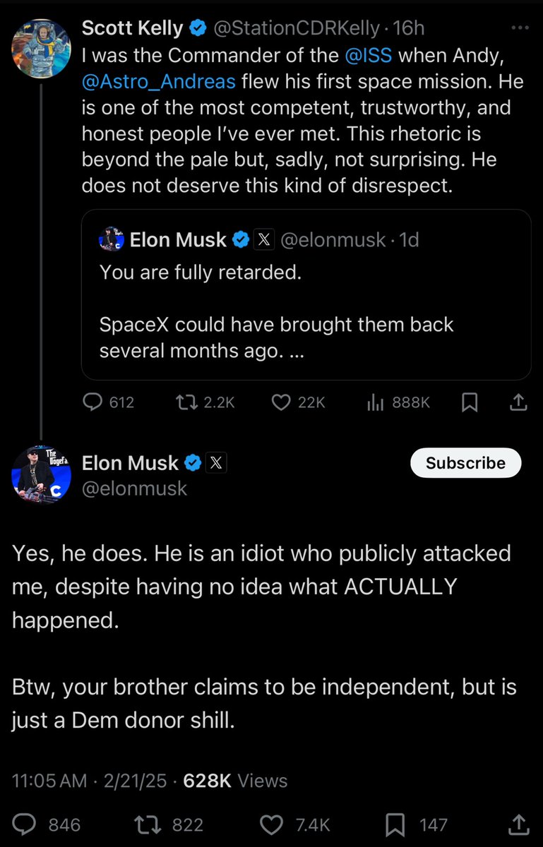 esjesjesj's tweet image. Elon keeps arguing with actual astronauts and getting his shit rocked
