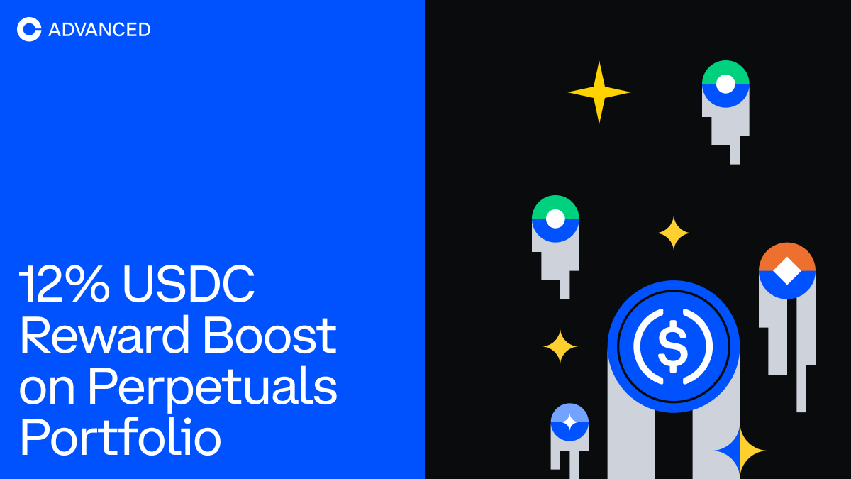 Perps traders: For a limited time, earn 12% rewards on USDC in your Perpetuals portfolio.

Eligible traders can boost their returns on collateral, all while trading perps with zero trading fees on Coinbase Advanced.

High rewards &amp; no trading fee -  Advanced is built for traders.