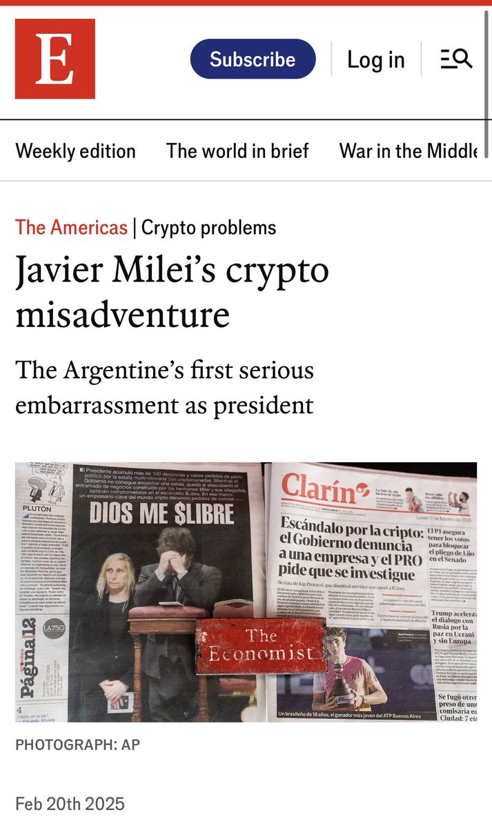 icevainillaice's tweet photo. Justo cuando Javier está allá, The Economidt, uno  de los más prestigiosos diarios financieros del mundo, le explica sus lectores cómo fueron las estafas cripto de Milei.
Que se la lean, así no la retuitea. https://t.co/GTrOHsZRdY