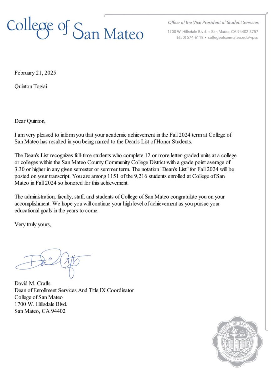 TogiaiQ's tweet image. Made the Dean’s List again for the Fall Semester🙌🏽 @tlbutler5 @Coach_Sekona @CoachBooth_CSM @coachTcsm #StudentAthlete