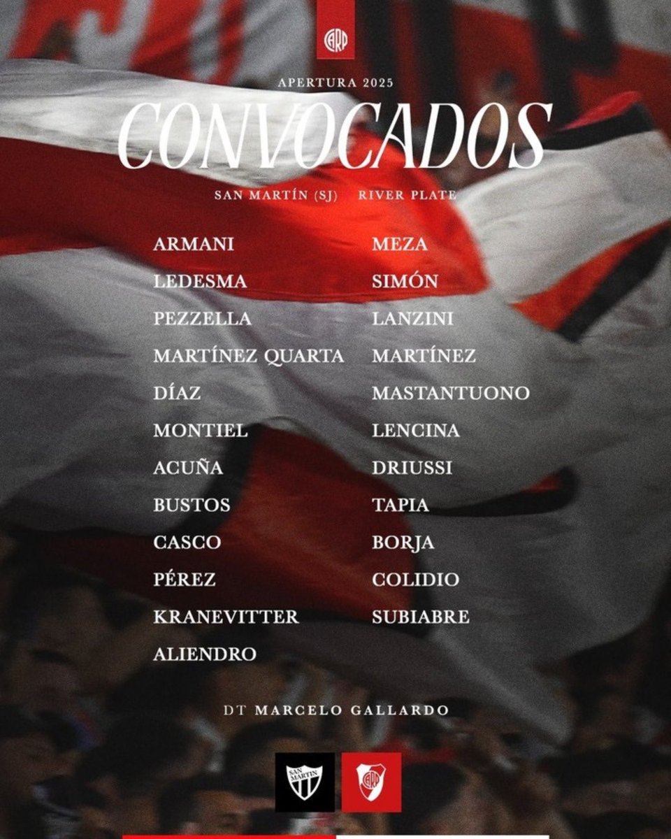 🚨LOS CONVOCADOS DE RIVER

❌ Afuera Nacho, Gattoni y González Pirez por cuestiones técnicas. 
Galoppo por lesión.  

✅ Vuelven Lanzini recuperado del esguince en el hombro; Mastantuono y Subiabre tras su participación en el Sub 20.