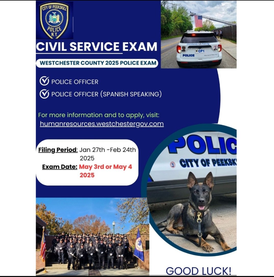 peekskillpolice's tweet image. Westchestet County, Police Officer and Police Officer (Spanish speaking) examinations will be held on May 3, 2025.  Applications must be filed by February 24, 2025.

exams.westchestergov.com/webexam/PE/lis…