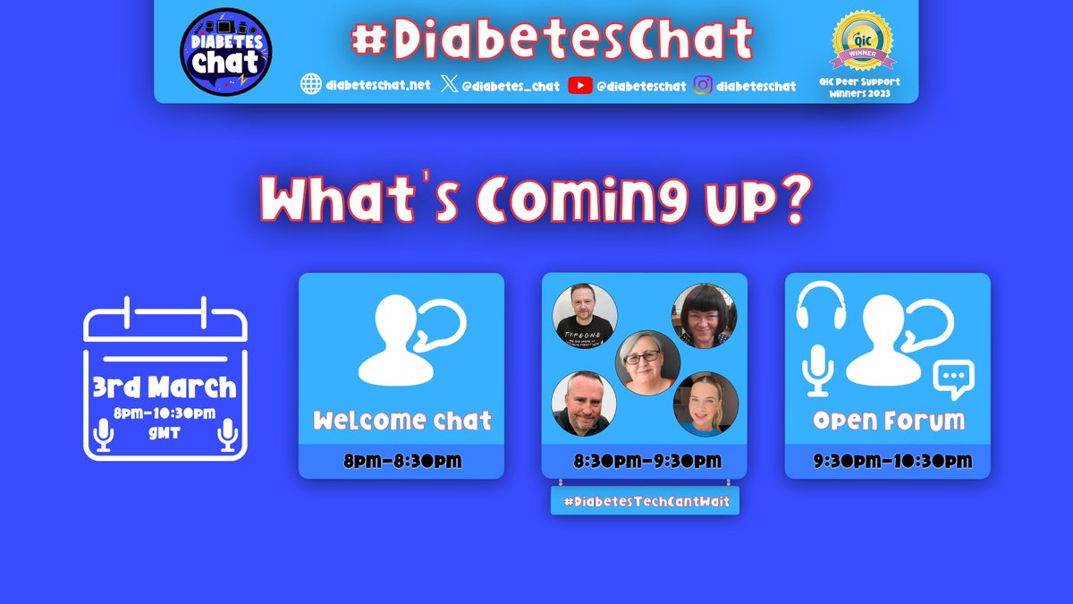 Happy Monday everyone 😎
Let's see what's coming up on #DiabetesChat today:

🕗 Welcome Chat
🕣 Guest Speaker Chat with <a href="/NiVZ/">Paul Niven</a>, <a href="/T1_Lesley/">LesleyR</a>,     <a href="/MargaritaAliT/">Alison Templeton</a>, <a href="/SkintoMcGinto/">Stephen Nixon</a>, <a href="/Shelleymurray99/">Shelley M</a>
🕤 Open Forum Chat

🎧 x.com/i/spaces/1dRJZ…
#⃣ #DiabetesChat
