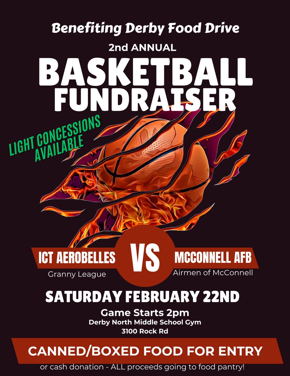 The Food Drive starts soon! A district kick-off event is this Sat., Feb. 22 @ DNMS! The Granny Basketball Team, ICT Aerobelles, play the Airmen of McConnell AFB. Food or cash donation is encouraged. Let's fill the DHE donation box as we watch the grannies hang from the rim! 🏀
