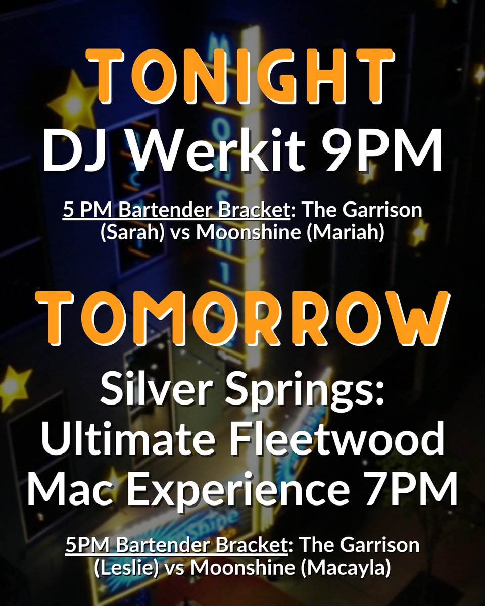 We're gearing up for another great weekend at MoonShine, kicking off with our first Bartender Bracket Matchup starting at 5! 

Tag who you're bringing to Silver Springs tomorrow night!🙋🍻