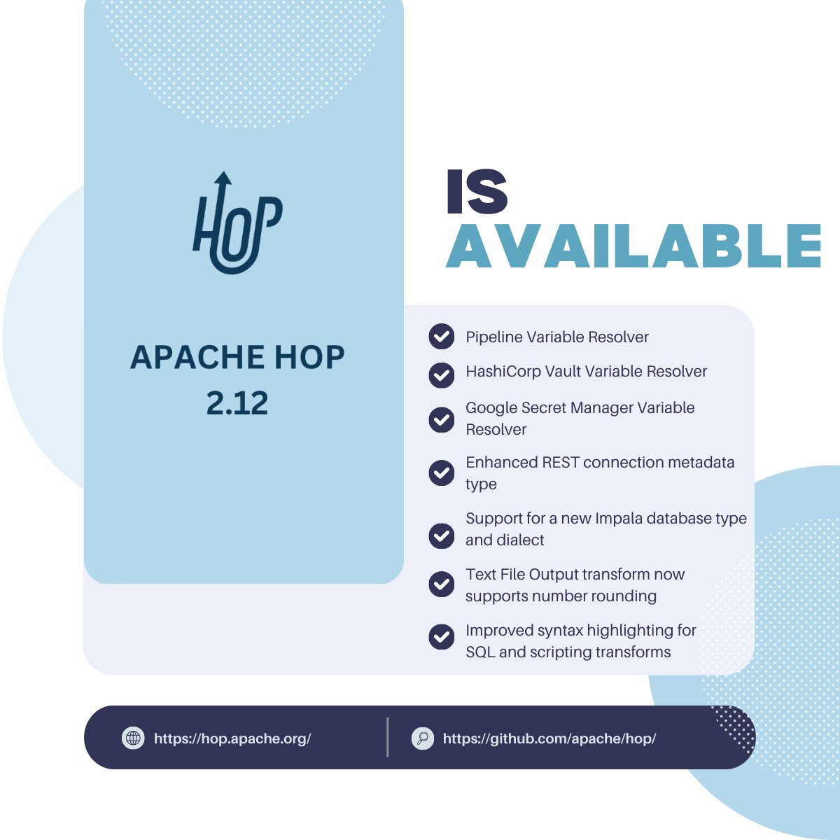 ApacheHop's tweet image. 🎉 Big news from the Apache Hop community! After 2 months of work, 58 tickets closed by 11 contributors, Apache Hop 2.12.0 is here!

🛠️ New features: Variable Resolvers, Impala support, REST improvements &amp;amp; more!

📥 hop.apache.org/blog/2025/02/h…

#apachehop #opensource #release