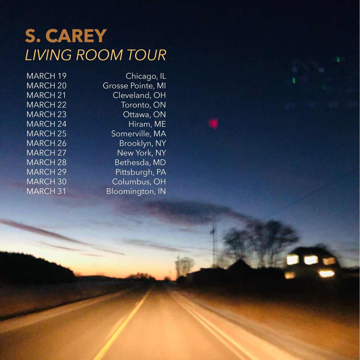 We are set!!! The next leg of the living room tour is up and on sale. So excited to be heading East next month to share an evening of songs. Grab tickets today!!!

scarey.org/shows