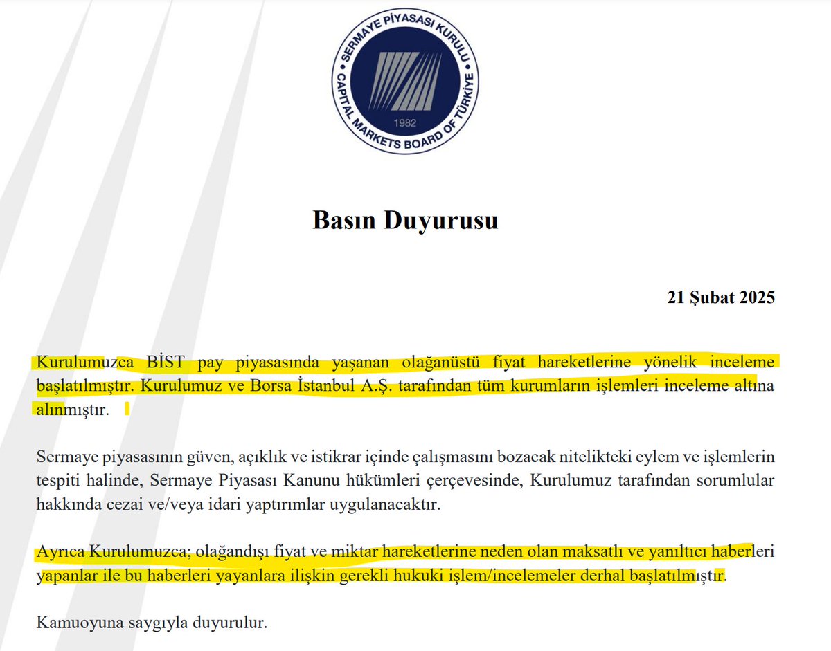 teknolojikolik's tweet photo. 🔴SPK Basın Duyurusu.
İnanılmaz Bir Dönemden Geçiyoruz.
📢BİST pay piyasasında yaşanan olağanüstü fiyat hareketlerine yönelik inceleme başlatılmıştır.Kurulumuz ve Borsa İstanbul A.Ş. tarafından tüm kurumların işlemleri inceleme altına alınmıştır.
📢Olağandışı fiyat ve miktar hareketlerine neden olan maksatlı ve yanıltıcı haberleri yapanlar ile bu haberleri yayanlara ilişkin gerekli hukuki işlem/incelemeler derhal başlatılmıştır.
#Borsa #Spk #borsaistanbul
#AEFES #AKBNK #ALARK #ARCLK #ASELS #ASTOR #BIMAS #BRSAN #CIMSA #DOAS #DOHOL #EKGYO #ENJSA #ENKAI #EREGL #FROTO #GARAN #GUBRF #HALKB #HEKTS #ISCTR #KCHOL #KONTR #KOZAL #KRDMD #MAVI #MGROS #ODAS #OYAKC #PETKM #PGSUS #REEDR #SAHOL #SASA #SISE #SOKM #TAVHL #TCELL #THYAO #TKFEN #TOASO #TTKOM #TUPRS #ULKER #VAKBN #VESTL #YKBNK