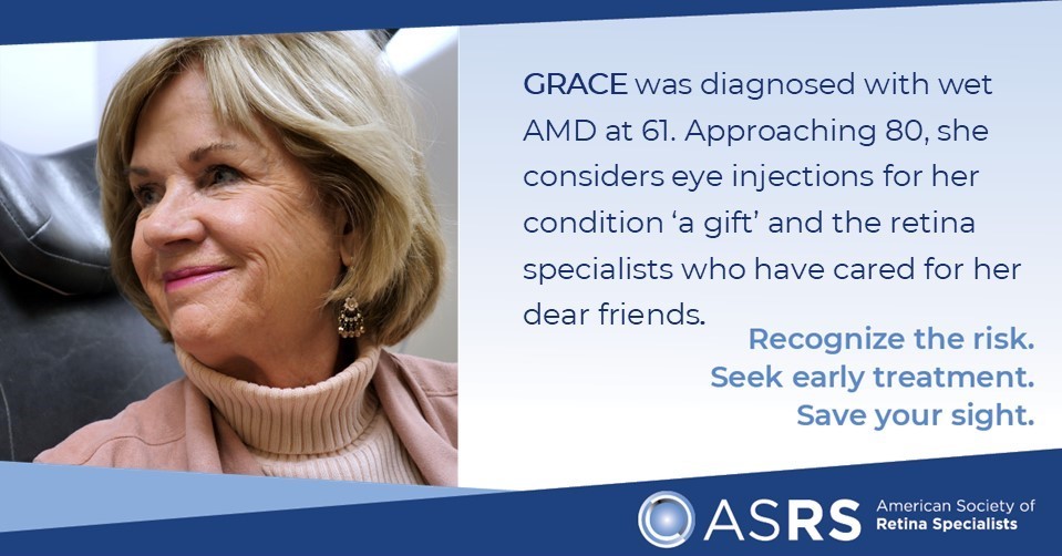 asrsdocs's tweet image. As Grace went down the stairs, the wall and banister looked wavy. At only 61, she was diagnosed with wet #AMD. Grace helped advance treatments by enrolling in a clinical trial and is a vocal advocate for AMD awareness. Read more at SeeforaLifetime.org/PatientStories #AMDAwarenessMonth
