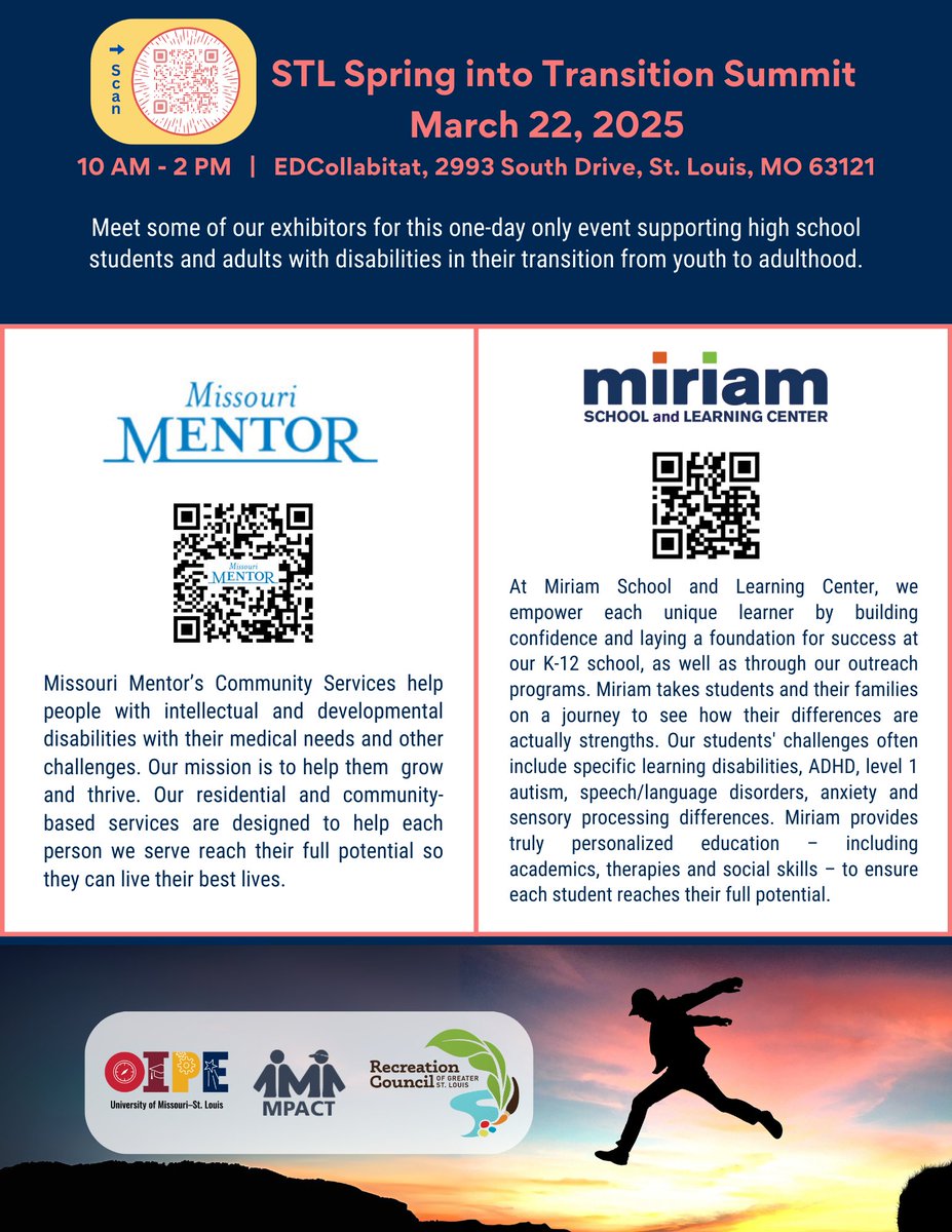 UMSL_OIPE (@umsl_oipe) on Twitter photo Meet Missouri Mentor and Miriam School and Learning Center, two of our exhibitors who you may interact with at "STL Spring into Transition Summit - March 22, 2025".
Register to ATTEND: forms.office.com/r/3CzT0FKAh9
For more details or inquiries, email: OIPE@umsl.edu Meet Missouri Mentor and Miriam School and Learning Center, two of our exhibitors who you may interact with at "STL Spring into Transition Summit - March 22, 2025".
Register to ATTEND: forms.office.com/r/3CzT0FKAh9
For more details or inquiries, email: OIPE@umsl.edu