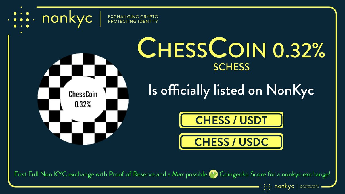 ChrisNonKyc's tweet photo. #CHESS #ChessCoin
@032ChessCoin is officially listed on #NonKYC Exchange ๐คฉ
Friendly invite: https://t.co/7TLS6Ao5ws
Trading pairs:
$CHESS / $USDT
$CHESS / $USDC
Follow: @nonkyc_exchange ๐
#listing #Bitcoin #Crypto #cryptocurrency #CryptoNews #Exchange #privacy #listingalert #Cryptotwitter #newlisting #altcoins #community #CryptoFuture #Altcoin #NFT #memecoins