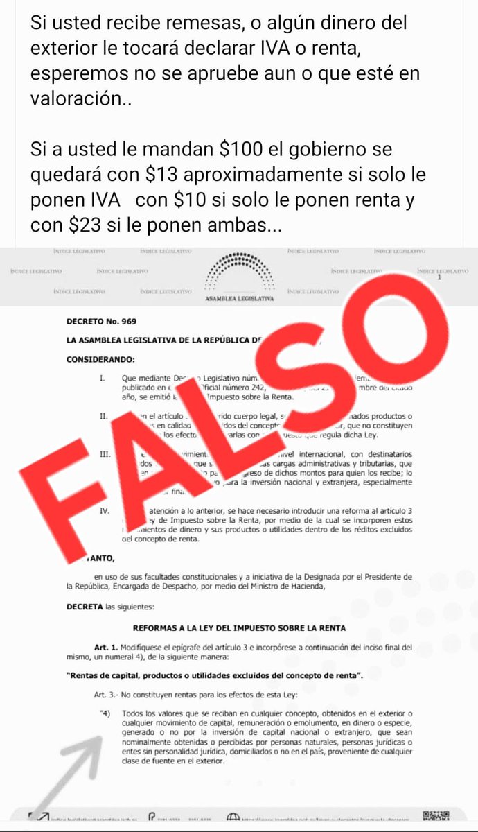 LaVale503's tweet photo. Circula información falsa en redes sociales sobre que el Gobierno aplicará impuesto de IVA o renta a las remesas que reciben los salvadoreños.

No se deje dar paja el Gobierno no cobrará impuestos de remesas eso es FALSO🚨🚨 https://t.co/DmrYHch8P5