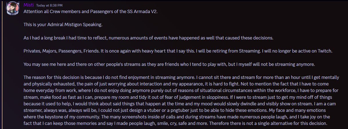Mistigon's tweet photo. Since I dont feel like doing multiple threads, Screenshots below for full explanation. Main Context: I'm retiring from streaming. Thanks everyone for the fun times! https://t.co/9CfZAv3D4r