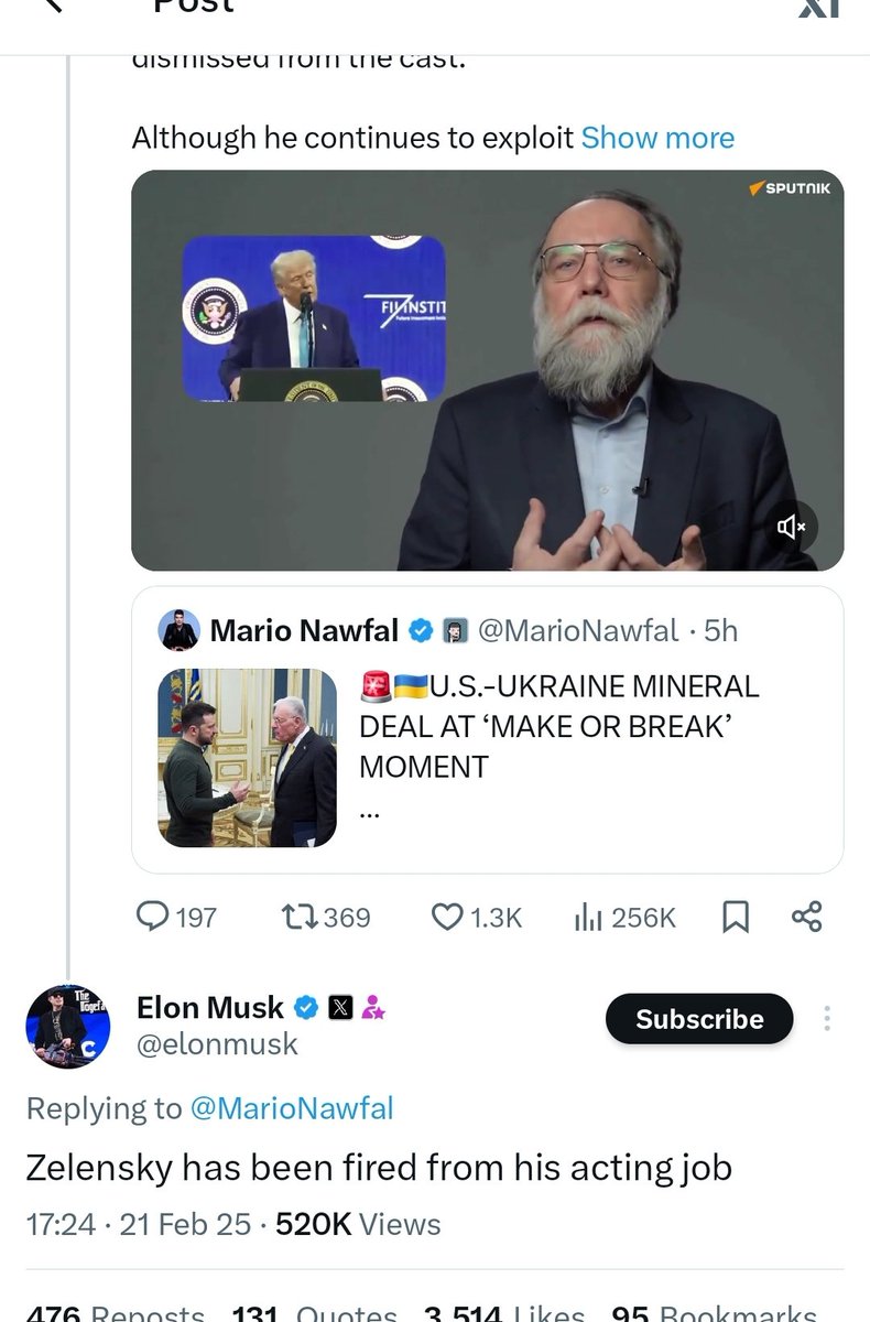 President Trump's right hand man Musk responds in agreement to a video by "Putin's Brain" Alexander Dugin.

Dugin has repeatedly called for the total destruction of western civilization, specifically "Anglo-Saxon" civilization.

Folks, the US is in very big trouble.