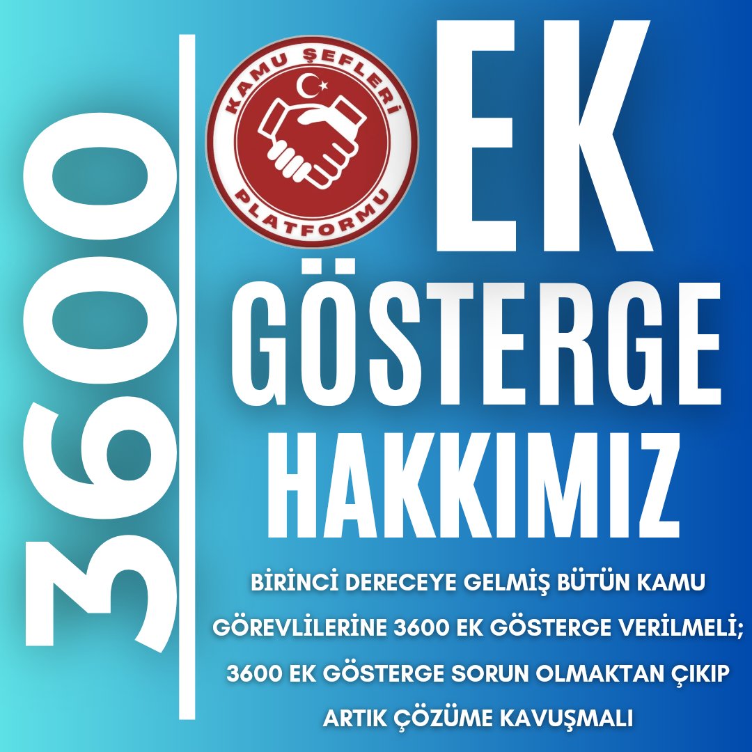 Birinci dereceye gelmiş bütün kamu görevlilerine 3600 Ek Gösterge verilmeli; 3600 Ek Gösterge sorun olmaktan çıkıp artık çözüme kavuşmalı, verilen sözler acilen tutulmalıdır.
#KamuŞefleri 
<a href="/RTErdogan/">Recep Tayyip Erdoğan</a> <a href="/_cevdetyilmaz/">Cevdet Yılmaz</a> <a href="/isikhanvedat/">Prof. Dr. Vedat Işıkhan</a> <a href="/avabdullahguler/">Abdullah Güler</a> <a href="/_aliyalcin_/">Ali YALÇIN</a> <a href="/OnderKahveci/">Önder Kahveci</a>