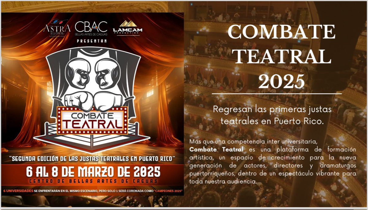 Junto a los voluntarios de mi organización, estamos celebrando la 2da edición de las Justas Teatrales en Puerto Rico. Seis universidades se enfrentarán en el mismo escenario (CBA - Caguas) pero solo una, se ganará la Copa Dean Zayas 🏆. 

🛎️ CATOL vs UPRA vs UPRP vs UPRM vs UPRRP