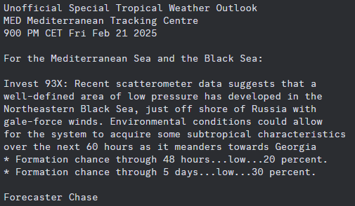 MedicaneTrack's tweet photo. UNOFFICIAL 9pm CET February 21: There is a Low (30%🟡) chance of a subtropical disturbance developing in the Black Sea over the next few days.

#wx #wxtwitter #Medicane #93X https://t.co/wbD8zxIx76