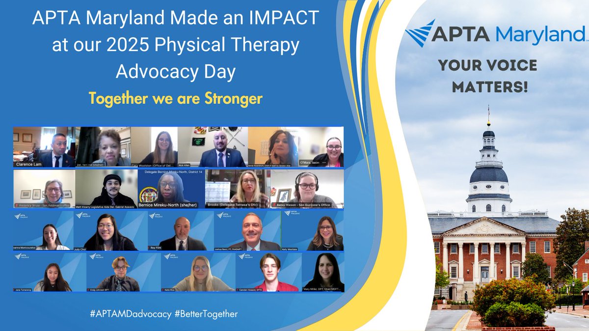 APTAofMaryland's tweet image. #APTAMDadvocacy was in full display Feb 19 as we met w/ legislators  to discuss: Student Debt, Barriers to Care, Admin Burden, Value of PT, Telehealth Preservation, Fair/Proper Payment, Insurance Transparency.  @RoyFilmDPT @drmoniquecaruth @aptamdSSIG @APTA_official