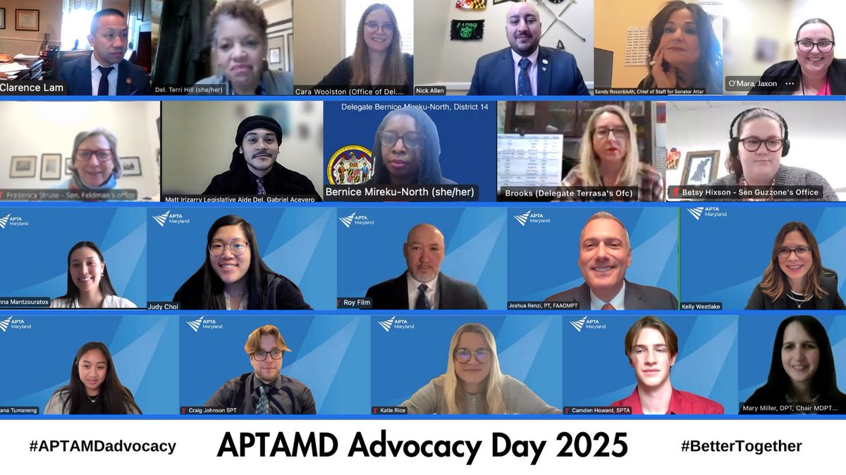 #APTAMDadvocacy was in full display Feb 19 as we met w/ legislators  to discuss: Student Debt, Barriers to Care, Admin Burden, Value of PT, Telehealth Preservation, Fair/Proper Payment, Insurance Transparency.  <a href="/RoyFilmDPT/">Roy Film</a> <a href="/drmoniquecaruth/">Dr. Monique J. Caruth, PT, DPT</a> <a href="/aptamdSSIG/">APTA Maryland SSIG</a> <a href="/APTA_official/">American Physical Therapy Association (APTA)</a>