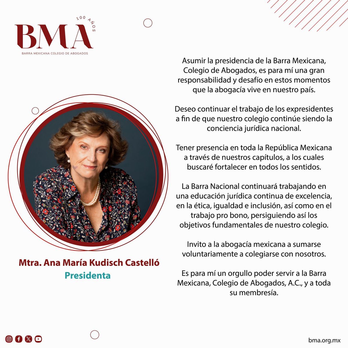 Con gran orgullo, la <a href="/BMA_Abogados/">Barra Mexicana, Colegio de Abogados A.C.</a> da la bienvenida a nuestra nueva Presidenta, la Mtra. <a href="/anamarykc/">Ana María Kudisch</a>. Comprometida con fortalecer a la abogacía mexicana, promover la excelencia, la inclusión y la presencia nacional, invita a toda la comunidad jurídica a unirse a este proyecto.