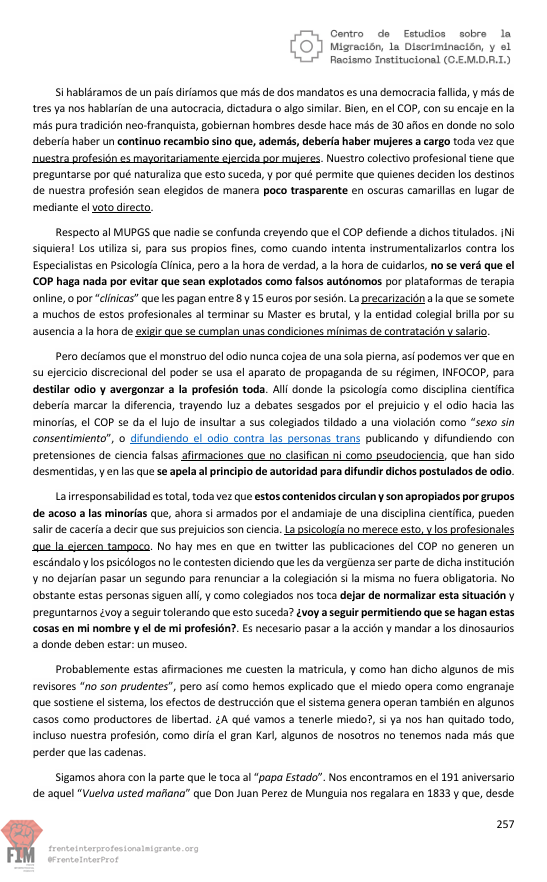 Psic_Migrantes's tweet photo. Sobre el rol del COP en toda la mierda de estos últimos días cap sorpresa. En enero de 2024 en libro publicado por el @CEMDRI_FIM si incluían estás dos páginas. Las frustraciones y enojos que el COP intenta capitalizar orientandolas como odio hacia los extranjeros están allí. https://t.co/lQg5n0alxK