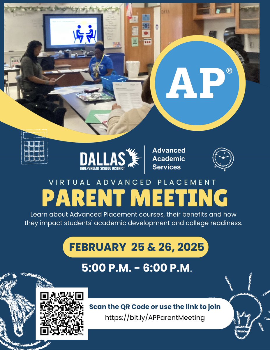 ED_Rivera_DISD's tweet image. Parents, fill your backpack! 🎒Advanced Academic Services is holding two AP Informational meetings for parents and students regarding AP courses. Join virtually on February 26 and 27 from 5:00 to 6:00. Join at bit.ly/APParentMeetin…