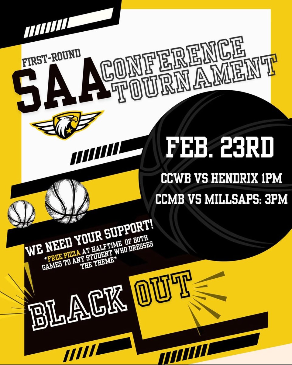 📢 | CALLING ALL STUDENTS!

Wear black and come to Alumni Gym on Sunday to support your basketball Colonels in SAA Tournament action at 1 PM and 3 PM! 

SAAC will be serving pizza to students at the halftime of each game!  #RollKerns