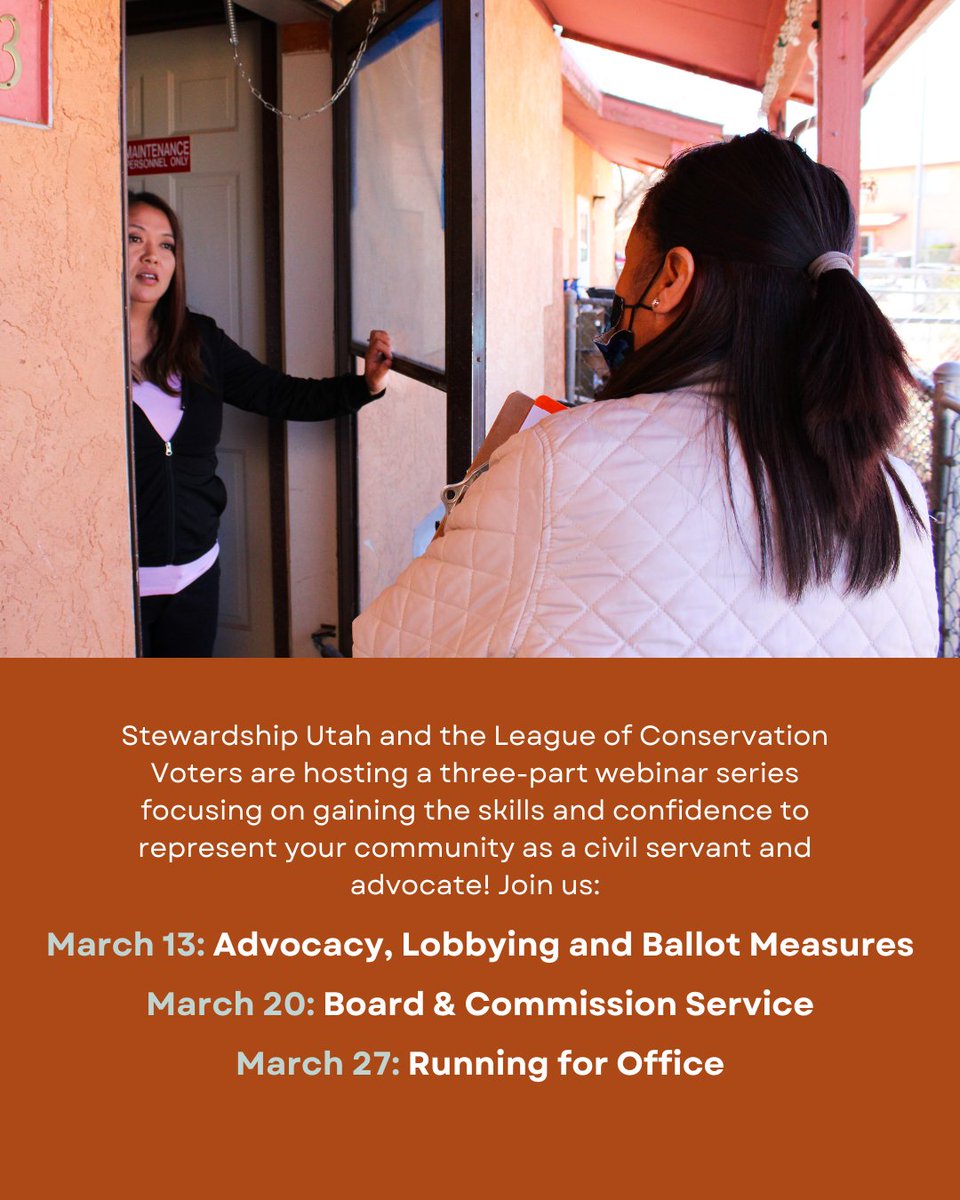 stewardshiputah's tweet image. Stewardship Utah and @lcvoters are teaming up for a three-part webinar series focusing on these topics. Build confidence, develop the beginnings of a plan, and learn all about the opportunities that exist for creating a better Utah. Register: stewardshiputah.org/schedule