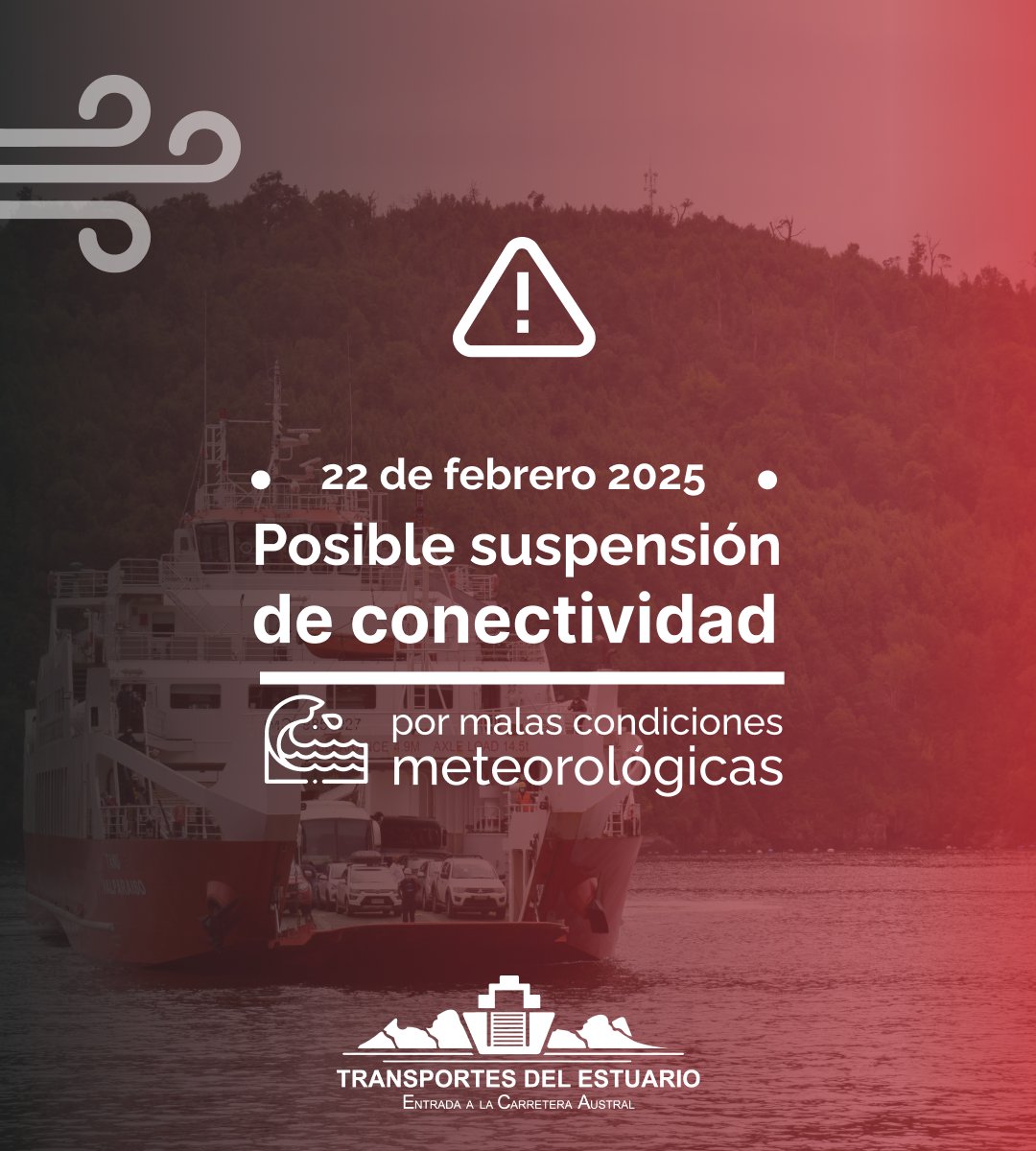 testuario's tweet photo. ⚠️ Transportes  del Estuario informa que mañana, 22 de febrero, se esperan condiciones climáticas inestables en la #RegiónDeLosLagos. Recomendamos tomar precauciones, ya que las naves podrían presentar restricciones en sus zarpes. ⛴️ https://t.co/kfyorbPVJq