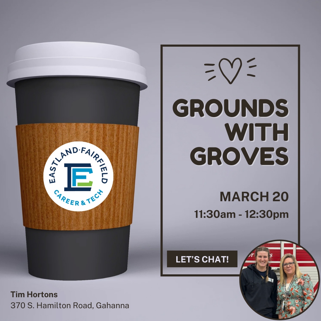 Our third and final Grounds with Groves is coming up fast! 

📅 Thursday, March 20
⏰ 11:30am - 12:30pm
📍 Tim Hortons, 370 S. Hamilton Road, Gahanna

#YourFutureOurFocus