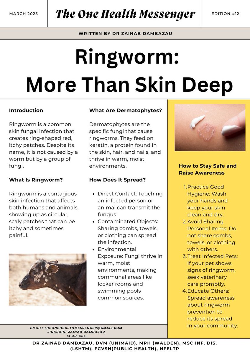 Ringworm: More Than Skin Deep
Itchy, scaly patches? It might be ringworm. A highly contagious fungal infection affecting both humans &amp; animals. Find out how it spreads &amp; how to stop it! #TheOneHealthMessenger
#nigeria