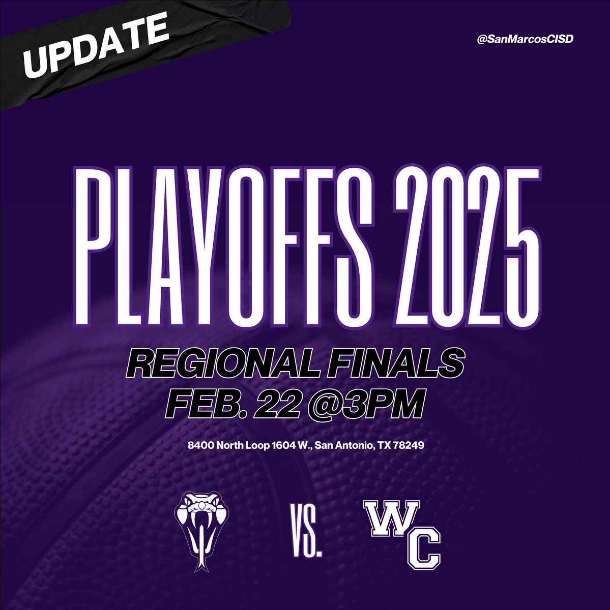 Lady Rattler Playoff Update - Due to inclement weather expected in the San Antonio area this evening, the 6A DII Regional Final has been rescheduled for Saturday, Feb. 22 at Northside Sports Gym, 3PM. 

All tickets purchased for tonight’s basketball game will be honored tomorrow.