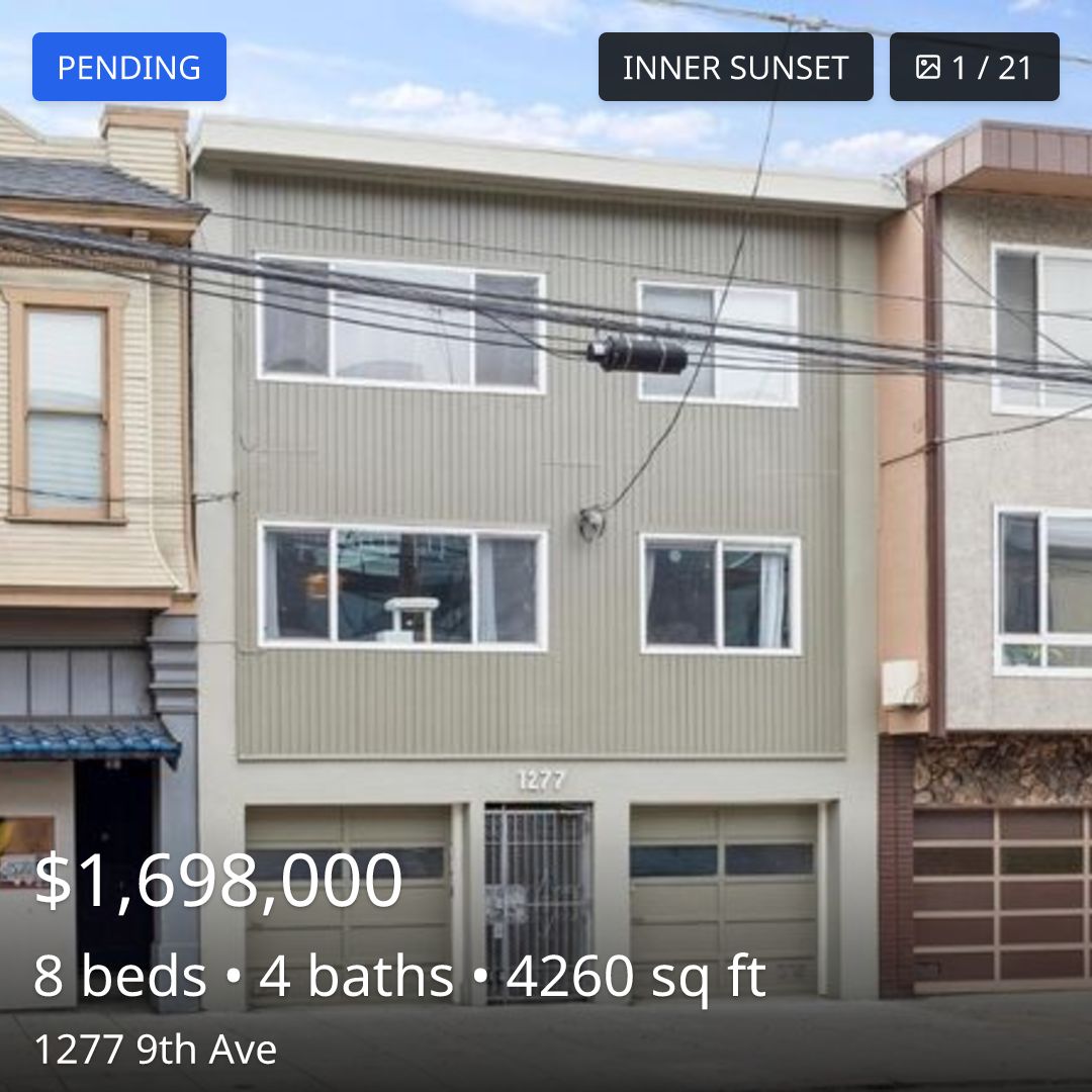 listing_feed's tweet image. STATUS CHANGE IN SF

⏳ PENDING: 1277 9th Ave, San Francisco, CA 94122

$1,698,000 · 8 beds · 4 baths · 4,260 sqft

Inner Sunset

View listing details: buff.ly/41qEYAL

SF listing activity: buff.ly/41ltqP7

#InnerSunset #pending #sf #sanfrancisco #sfhomes #sfre